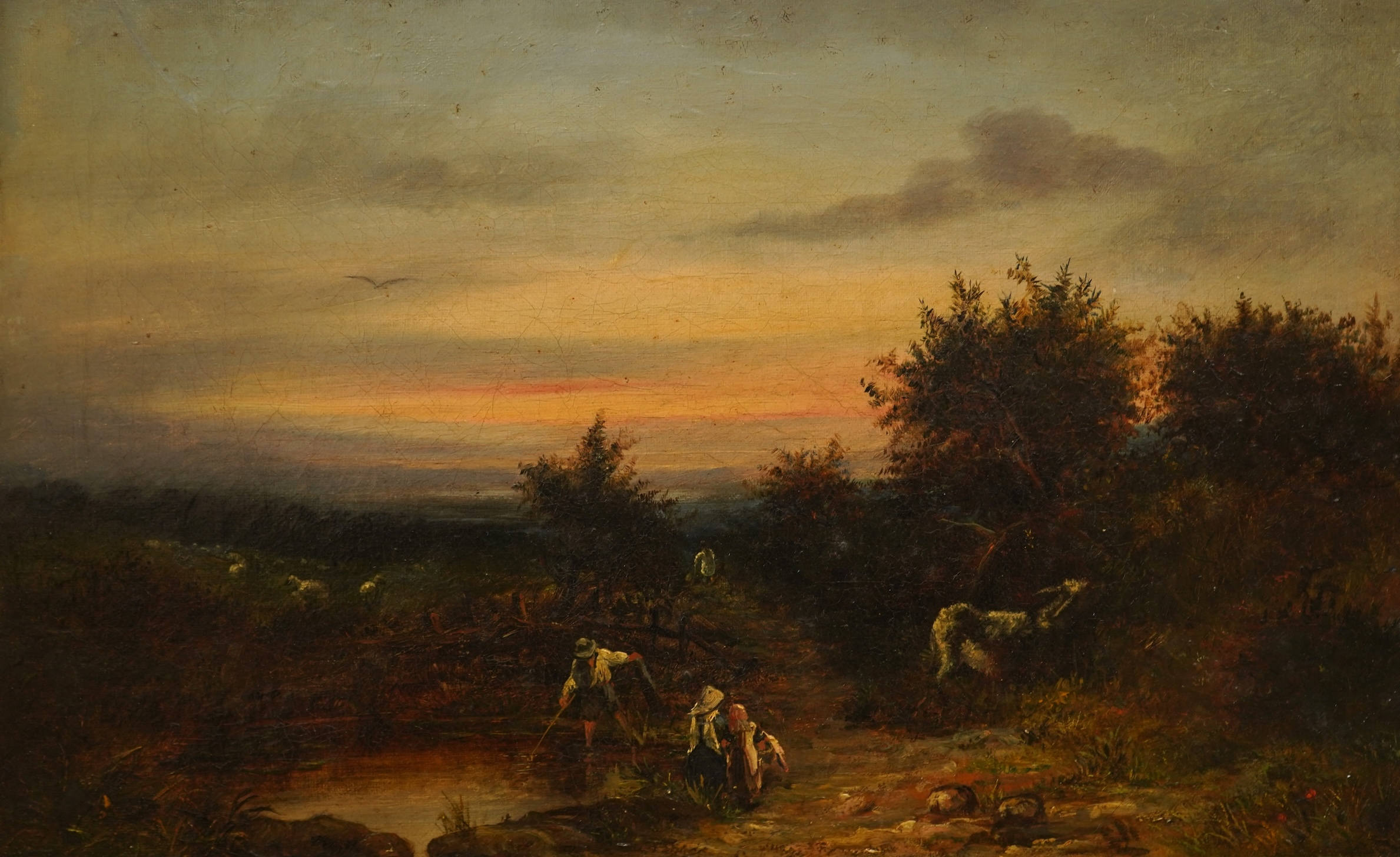 Attributed to Barbara A. Couldery, ‘Hampstead sunset’, unsigned, inscribed in ink verso, oil on canvas, ornate gilt frame, 24 x 38cm